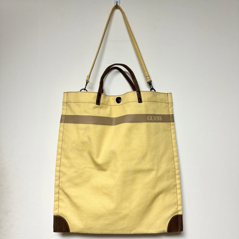 Rare Vintage GUESS Large Yellow Canvas Tote‎ Bag Handbag 18"x16.5" Snap Closure